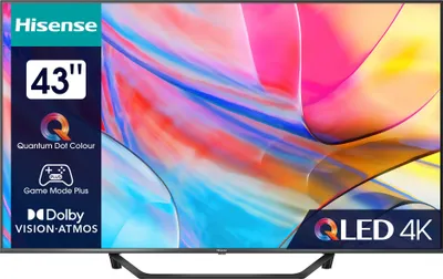 Schwarzer TV mit zwei Standfüßen, Bildschirm zeigt ein Bild und features, frontal aufgenommen.