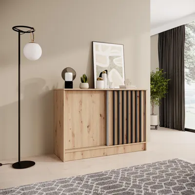 Produktbild von BEAUTYSOFA | Kommode HORIZON 120 cm Artisan, Schwarz mit Lamellen Sideboard mit 2 Schiebetüren, Modernes Design, viel Stauraum