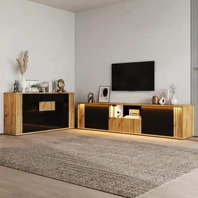 Obrázok produktu pre Sada nábytku do obývačky Merax, pozostávajúca z nízkej komody pod televízor a bočnej komody. Komoda pod televízor je určená pre televízory s uhlopriečkou 75 palcov, má 2 dvierka a zásuvku. Komoda má 3 dvierka. Farba: čierna a drevený odtieň