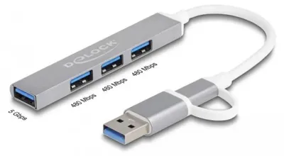 Produktbild von DeLOCK 4 Port Slim USB Hub mit USB Type-C oder USB Typ-A zu 3 x USB 2.0 Typ-A Buchse + 1 x USB 5 Gbps Typ-A Buchse, USB 3.2 Gen 1 (3.1 Gen 1) Type-A + Type-C, USB 2.0, USB 3.2 Gen 1 (3.1 Gen 1) Type-A, 5000 Mbit/s, Silber, Metall, 0,1 m