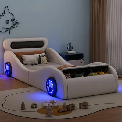 Produktbild von Merax Kinderbetten 90x200cm, Autobett mit LED Rädern, Stauraum, Lattenrost, Jugendbett, Einzelbett, Polsterbett, PU, Weiß, KI-generiertes Bild
