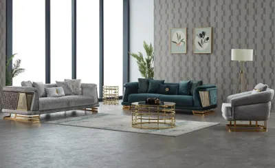 Produktbild von Couchgarnitur Dreisitzer Sessel Couch Stoff 3tlg Polstersofa Sofa Grau