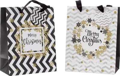 Produktbild von 12 Geschenktüten Merry Christmas 18 x 10 x 23 cm Schwarz Weiss