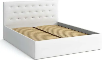A white upholstered bed frame with a tufted headboard and wooden slats for mattress support.