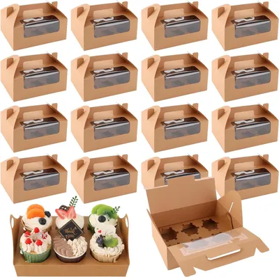 Produktbild von 50 Stück Cupcake-Box mit 6 Fächern - Cupcake-Transportbox - Kraftpapier - Kuchenbox mit Griff - Karton mit Sichtfenster - Muffinbox geeignet für Cupcakes
