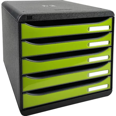 Produktbild von Exacompta 3097225D Premium Ablagebox mit 5 Schubladen für DIN A4+ Dokumente. Stapelbare Schubladenbox mit hoher Kapazität für mehr Platz auf dem Schreibtisch Big Box Iderama Schwarz|Anisgrün