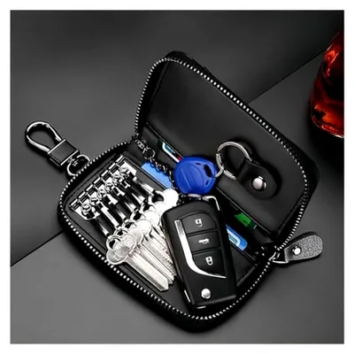 Produktbild von Schlüsseltasche aus Leder für Damen und Herren, Reißverschluss mit zwei Fächern, schwarz