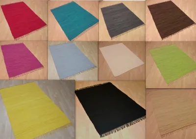 A collage of different colored rugs on a wooden floor.