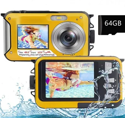 Produktbild von 2,7K Unterwasserkamera, 48 MP, Autofokus wasserdichte Kamera, Dual Screen Selfie Kamera, schwimmfähige Digitalkamera mit 64 GB Speicherkarte
