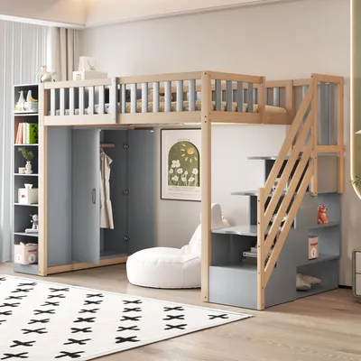 A child's loft bed with integrated storage and a wardrobe, set up in a bedroom.
