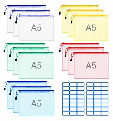 Immagine prodotto di Custodie per documenti formato A5, confezione da 15 pezzi, impermeabili, con rete, chiusura a zip, disponibili in 5 colori
