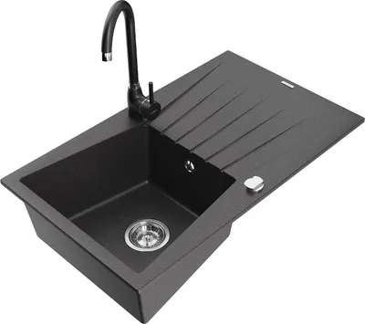 Produktbild von Mexen Cesar 1 Becken-Granitspüle mit Abtropffläche und Mischbatterie Telma, Schwarz gesprenkelt - 6514-76-670200-70
