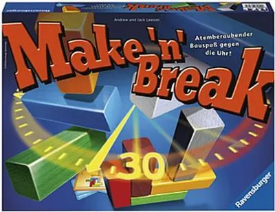 The cover art for the board game Make 'n' Break, showing colorful building blocks and a timer.