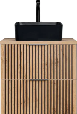 Produktbild von Waschtisch Unterschrank 60 cm mit Aufsatzwaschbecken schwarz matt XANTEN-56 in anthrazit mit Eiche Nb. schwarz gerillt, B/H/T: ca. 60,6/72,2/46,5 cm
