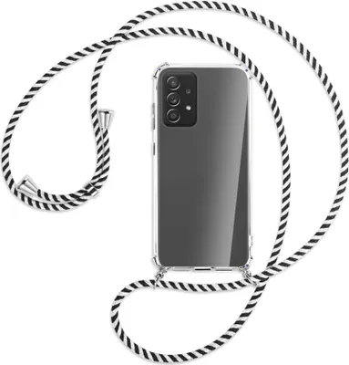 Produktbild von Handykette Backcover-Schutzhülle mit Band (Metall silberfarben) für Samsung Galaxy A72 - schwarz/weiß gestreift