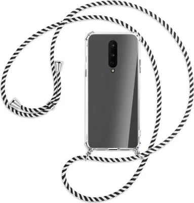 Produktbild von Handykette Backcover-Schutzhülle mit Band (Metall silberfarben) für OnePlus 8 - schwarz/weiß gestreift