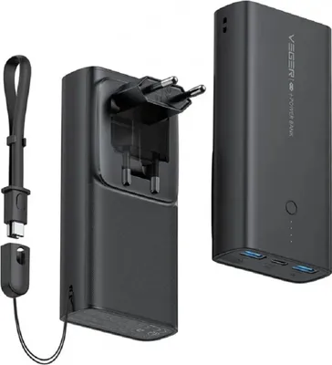 Produktbild von VEGER Powerbank 10.000 mAh mit integriertem, ausklappbarem Netzteil.