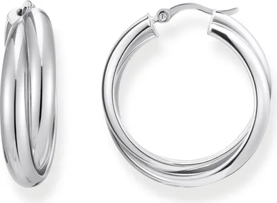 A pair of silver hoop earrings on a white background.