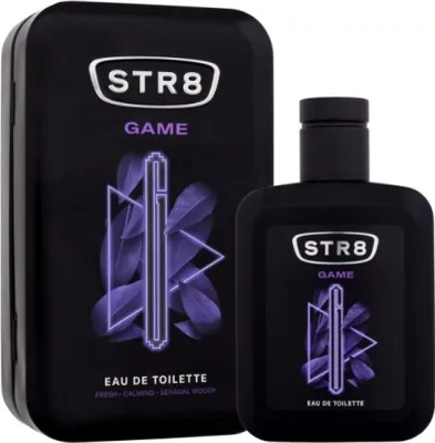 A black tin and bottle of STR8 Game Eau De Toilette.