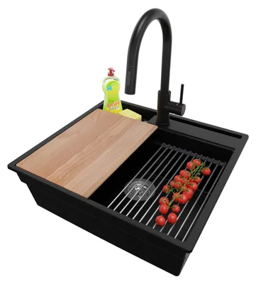 Produktbild von PRIMAGRAN Granitspüle Schwarz 58x53cm, Spülbecken 1 Becken + Ablauf-Set + Küchenzubehörset, Küchenspüle ab 60er Unterschrank - Oslo Pocket