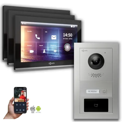 Produktbild von Goliath IP Video Türsprechanlage 3-Monitore RFID : 10 Zoll in Schwarz : Aufputzdose : 4er POE (Standard)