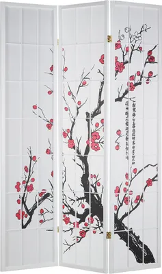 Image de Paravent Séparateur de pièce 3 parties, bois papier de riz blanc, motif cerise, hauteur 179 cm