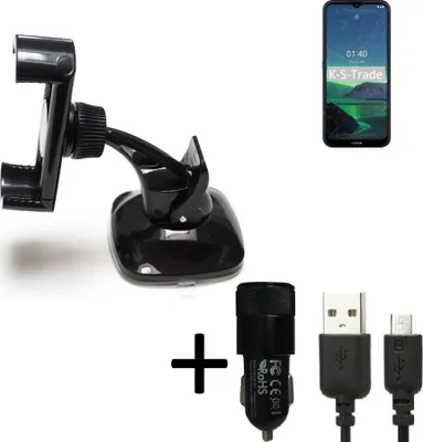 Produktbild von K-S-Trade Halterung kompatibel mit Nokia 1.4 Windschutzscheibe / Armaturenbrett + LADEGERÄT mit Mico USB Kabel Autohalterung KFZ Halter