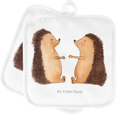 Produktbild von Mr. & Mrs. Panda Topflappen Igel Liebe - Weiß - Geschenk, topfhalter, Zwei, Topfuntersetzer, Hochzeit, Set, Freundin, Hochzeitstag, Partner, Kochlappen