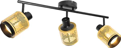 Produktbild von QAZQA - Industrie I Vintage I Industrie-Spot I Spotlight I Deckenspot I Deckenstrahler I Strahler I Lampe I Leuchte Schwarz mit Gold I Messing 3-flammig Spotbalken-Licht - Kayden I Wohnzimmer I Schlaf