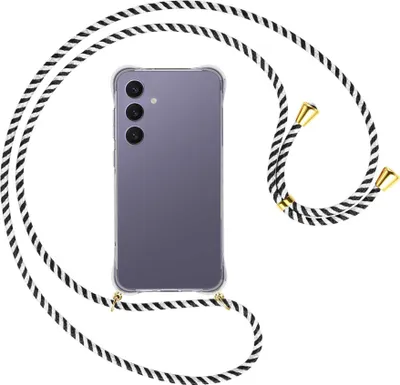 Produktbild von Handykette Backcover-Schutzhülle mit Band (Metall goldfarben) für Samsung Galaxy S24 FE 5G - schwarz/weiß gestreift