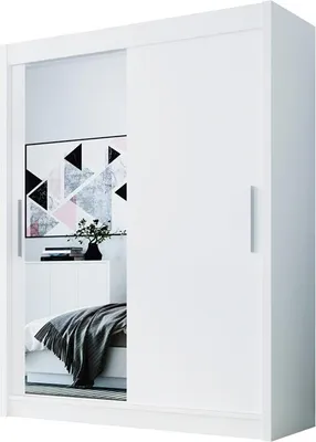 Produktbild von Easy4You D1 150 cm Weiß Schiebetüren Kleiderschrank 150x200x58 cm mit Spiegel - Schlafzimmermöbel, Aufbewahrung - Mehrzweckschrank