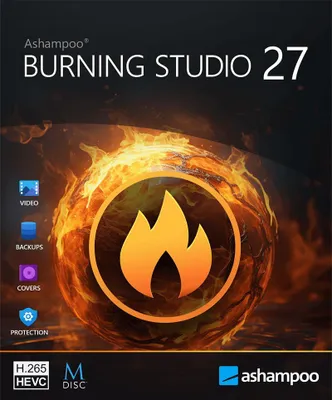 The image is a marketing graphic for Ashampoo Burning Studio 27, featuring a flaming globe and software feature icons.