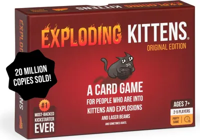 The image shows the front of the Exploding Kittens card game box.