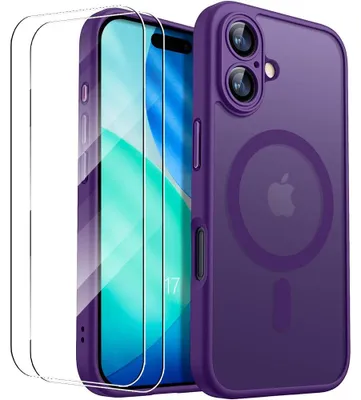Image de Coque + 2 Verres Trempés pour iPhone 17, avec Cercle Magnétique et Protection Caméra Anti-Rayures Violet