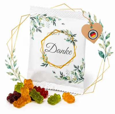 Produktbild von Fruchtgummi-Päckchen Danke, Weiß Matt mit Eukalyptus-Deko100 Stück