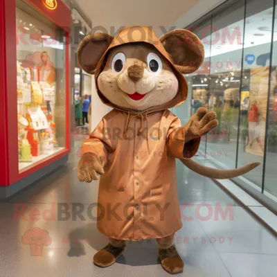 Produktbild von Braune REDBROKOLY Maus Maskottchen kostümfigur bekleidet mit Regenmantel und Mützen