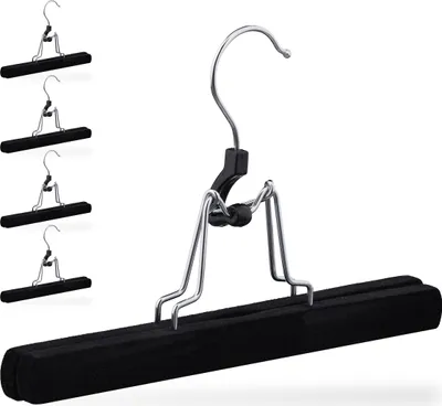 Image de Lot de 5 cintres pour pantalons Relaxdays, en bois, revêtement en velours doux et antidérapant, cintres pour jupes, tendeurs pour pantalons, L : 25 cm, noir