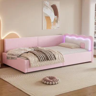 Immagine prodotto di Merax daybed 90x200 cm, divano letto con luce ambientale a LED e telecomando, divano letto in pile, daybed con rete a doghe, letto per bambini, rosa