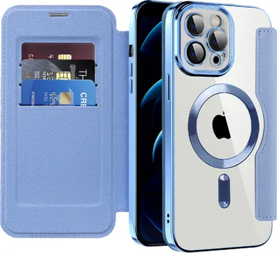 Produktbild von Klapphülle für iPhone 12 Pro Max Kompatibel mit Magsafe, Klar Überzug Kartenhalter Ledertasche mit Kameraschutz Hellblau
