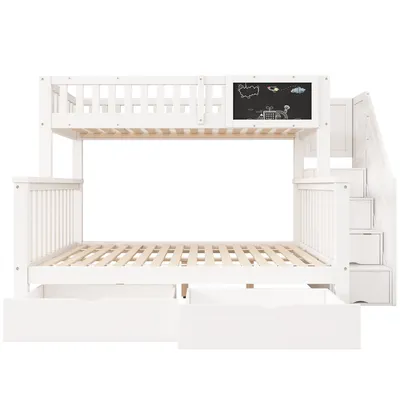 Produktbild von Flieks Kinderbett 90x200cm/140x200cm, Etagenbett mit Rausfallschutz, Hochbett mit Treppe und Schubladen, Massivholzbett mit Lattenrost und Tafel, Weiß