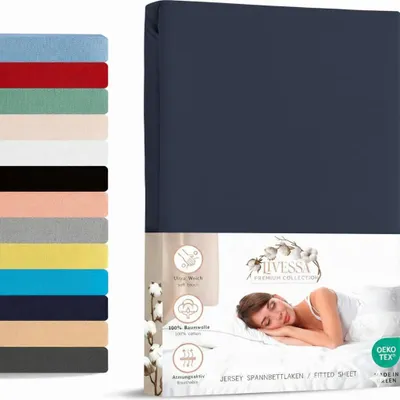 A product image showing a folded navy blue fitted sheet and a collage of other colored fitted sheets, with marketing text and an image of a woman sleeping.