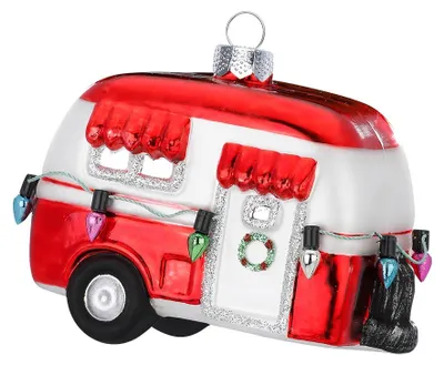 Produktbild von Christbaumschmuck Glas Wohnwagen 9.5cm rot / weiß