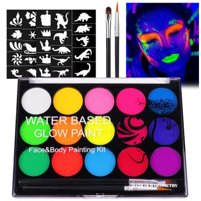 Produktbild von URAQT UV Kinderschminke Set, 15 Farben Schminkfarben Schminkpalette, Waschbar Face Paint Bodypaint Schminkset, K?rperfarbe Kinder mit 2 Pinsel und 32 Tattoos fš¹r Halloween Karneval Make-up Fasching