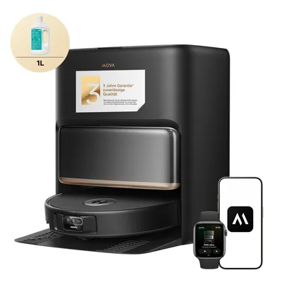 A product shot of a robot vacuum cleaner with its charging station, a bottle of cleaning fluid, and representations of a smartphone and smartwatch.