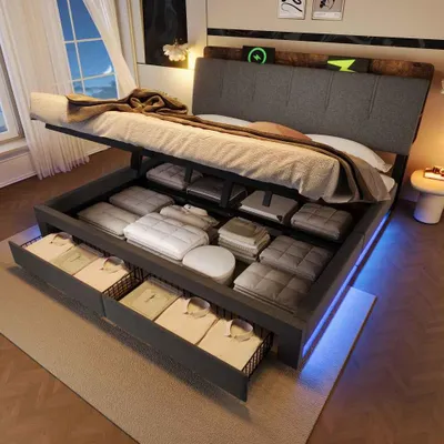 Image de Lit rembourré avec coffre de rangement hydraulique, fonction de recharge USB-C, éclairage LED,via application, tissu en lin, sans matelas, gris, 180 x 200 cm