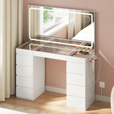 Immagine prodotto di Toeletta con specchio e illuminazione LED - Piano in vetro - 11 cassetti - Bianco
