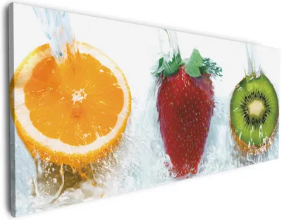 Produktbild von Wallario Premium Leinwandbild Frische Früchte übergossen mit Wasser in Größe 80 x 200 cm