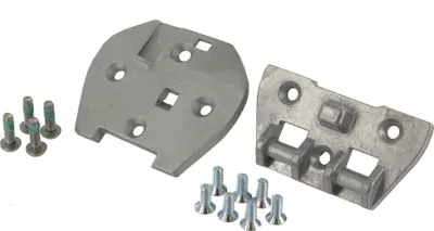 A set of two metal adapter plates and several screws on a white background.