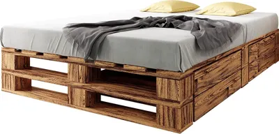 Produktbild von sunnypillow Palettenbett M2 aus Holz 200 x 200 cm mit Lattenrost und 2 Bettkästen. Doppelbett, Familienbett - erhöhtes Ehebett Bettgestell Futonbett