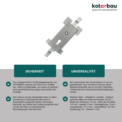 Produktbild von KOTARBAU® Garagenschloss 60 mm Stahl Torschloss Garagentorschloss Profilzylinder für Schwingtore Tortreibriegel Torverschluss Garage Verschluss